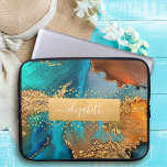 Housse Pour Ordinateur Portable Chic glam aquarelle marbre or turquoise orange<br><div class="desc">Une bande brillante et fausse feuille d'or avec votre nom de typographie de script chevauche un riche, veiné or, bleu turquoise, et orange jaune arrière - plan d'aquarelle sur cet élégant, tendance, girly, nom personnalisé de poche portable en néoprène. Fait une déclaration amusante et élégante chaque fois que vous l'utilisez....</div>