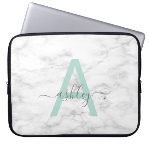 Housse Pour Ordinateur Portable Chic Neo Mint Marbre blanc Nom du script Monogramm