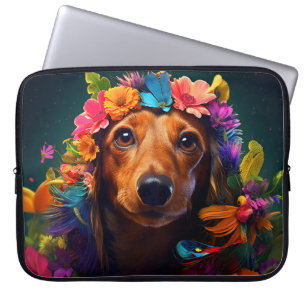 Housse Pour Ordinateur Portable Chien Brown coloré avec couronne fleurie