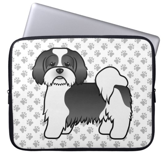 Housse Pour Ordinateur Portable Chien de dessin animé mignon Lhasa Apso noir et bl (Devant)