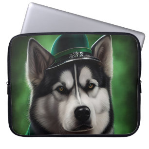 Housse Pour Ordinateur Portable Chien Malamute d'Alaska en tenue de la Saint-Patri