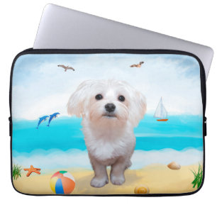 Housse Pour Ordinateur Portable Chien maltais sur la plage