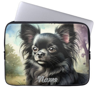 Housse Pour Ordinateur Portable Chihuahua noir à poils longs en aquarelle