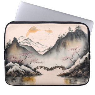 Housse Pour Ordinateur Portable Chinois Aquarelle rivière d'hiver et montagnes