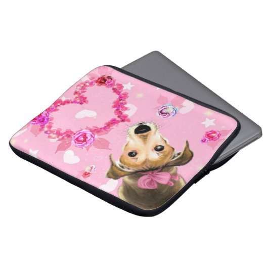 Housse Pour Ordinateur Portable Chiot Avec Ruban Rose - Amour (Devant haut)
