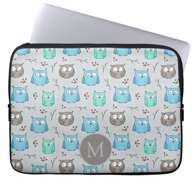 Housse Pour Ordinateur Portable Chouette gris bleu mou Motif Monogramme (Devant)