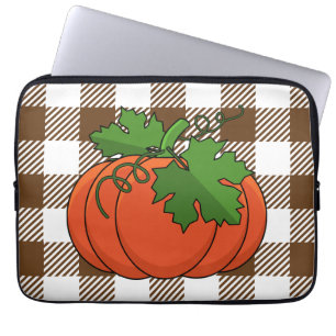 Housse Pour Ordinateur Portable Citrouille orange sur motif à carreaux blanc marro