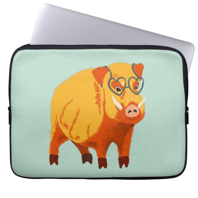 Housse Pour Ordinateur Portable Cochon Cute - Boar Geek Avec Lunettes (Devant)