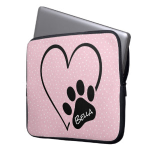 Housse Pour Ordinateur Portable Coeur Empreinte de patte de chien avec nom