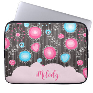 Housse Pour Ordinateur Portable Coeurs bleu rose blanc et nom floral des fleurs