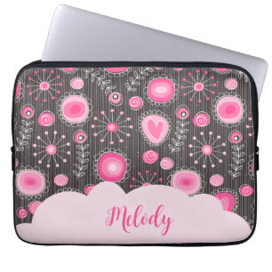 Housse Pour Ordinateur Portable Coeurs gris rose blanc et nom fleuri
