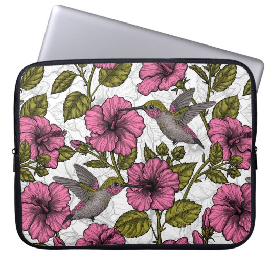 Housse Pour Ordinateur Portable Colibris et fleurs d'hibiscus roses (Devant)