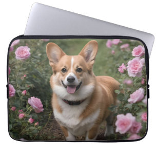 Housse Pour Ordinateur Portable "Compagnie de charme : Un Corgi dans un jardin ros