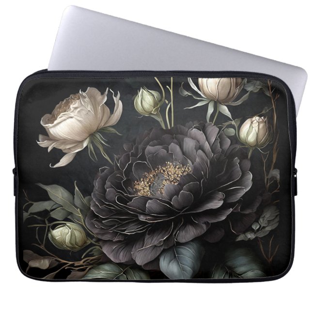 Housse Pour Ordinateur Portable Composition de rose gothique Fleur noire (Devant)