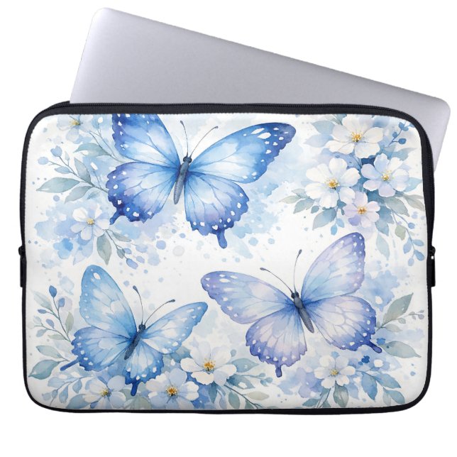 Housse Pour Ordinateur Portable Composition florale Papillon Bleu (Devant)