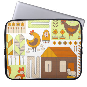 Housse Pour Ordinateur Portable Coq, poules, dessin géométrique floral.