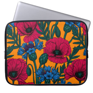 Housse Pour Ordinateur Portable Coquelicots rouges et fleurs de maïs bleues sur or