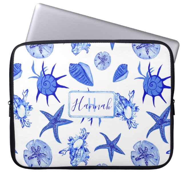 Housse Pour Ordinateur Portable Coquillage bleu mélangé motif-nom monogramme perso (Devant)