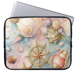 HOUSSE POUR ORDINATEUR PORTABLE COQUILLAGES ET ROUE NAUTIQUES À L'AQUARELLE PASTEL