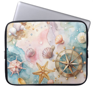 HOUSSE POUR ORDINATEUR PORTABLE COQUILLAGES ET ROUE NAUTIQUES À L'AQUARELLE PASTEL