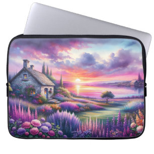 Housse Pour Ordinateur Portable Cottage au Coucher de Soleil Pastel Jardin au Bord