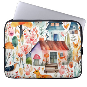 Housse Pour Ordinateur Portable Cottage noyau floral de campagne animaux maisons