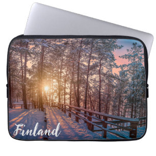 Housse Pour Ordinateur Portable Coucher de soleil dans la pinède enneigée avec ray
