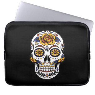 Housse Pour Ordinateur Portable Crâne à sucre rose jaune sur noir