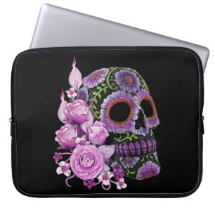 Housse Pour Ordinateur Portable Crâne de sucre rose floral noir Jour des morts