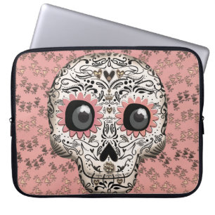 Housse Pour Ordinateur Portable Crâne en sucre rose et or et cœurs fantaisistes mi