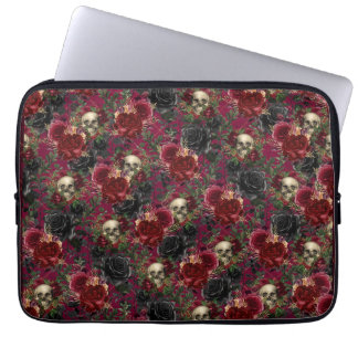 Housse Pour Ordinateur Portable Crâne gothique vintage et Rose rouge et noir