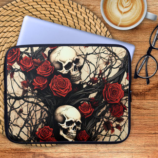 Housse Pour Ordinateur Portable Crânes gothiques et roses rouges