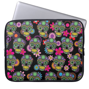 Housse Pour Ordinateur Portable Crazy Sugar crâne et fleurs Motif noir