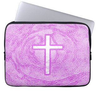 HOUSSE POUR ORDINATEUR PORTABLE CROIX BLANCHE SOULIGNÉE EN ROSE