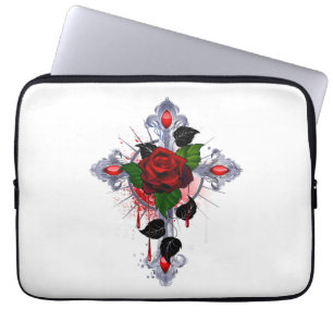 Housse Pour Ordinateur Portable Croix d'argent avec une rose rouge