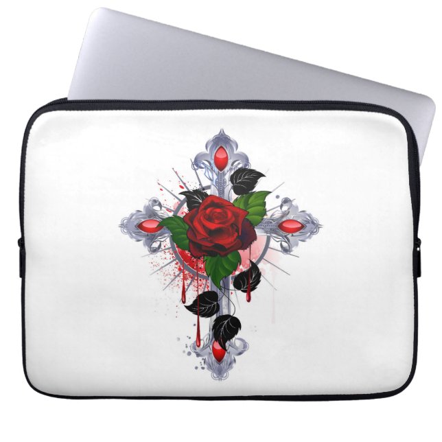 Housse Pour Ordinateur Portable Croix d'argent avec une rose rouge (Devant)