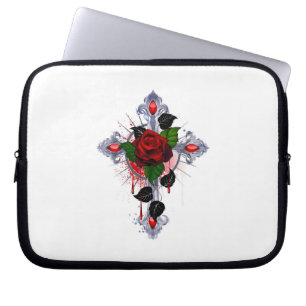 Housse Pour Ordinateur Portable Croix d'argent avec une rose rouge