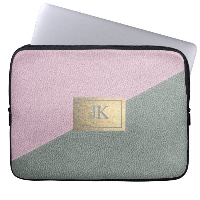 Housse Pour Ordinateur Portable Cuir Vert Rose Élégant Monogramme   (Devant)
