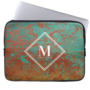 Housse Pour Ordinateur Portable Cuivre Turquoise Texture métallique Monogramme ini