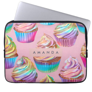 Housse Pour Ordinateur Portable Cupcake pastel arc-en-ciel personnalisé avec paill