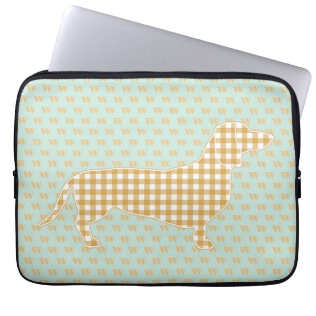 Housse Pour Ordinateur Portable Cute En vichy Dachshund Monogram Canard Oeuf Bleu (Devant)