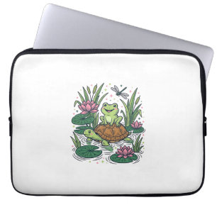Housse Pour Ordinateur Portable Cute Frog Riding Turtle Pond Vintage Vector Art_1