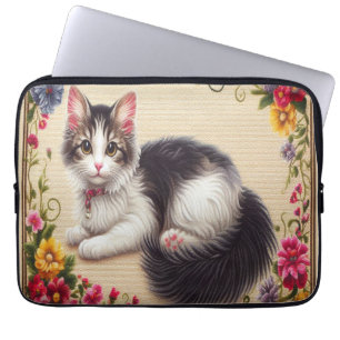 Housse Pour Ordinateur Portable Cute Japonaise Bobtail Chat Fleurs colorées Bordur