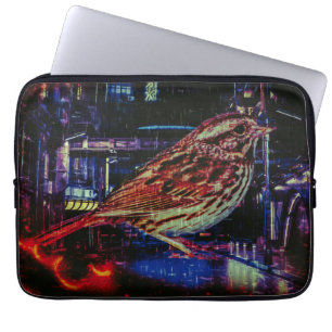 Housse Pour Ordinateur Portable Cyberpunk Sparrow dans Neon Cityscape