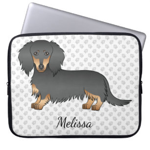 Housse Pour Ordinateur Portable Dachshund à cheveux longs noir et tan, dessin Chie