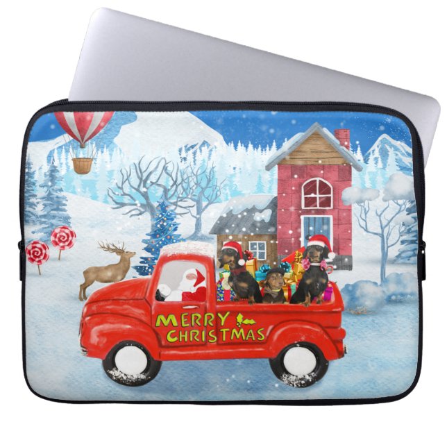 Housse Pour Ordinateur Portable Dachshund Chien en livraison de Noël Camion Neige (Devant)