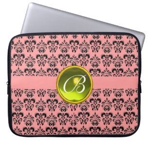 Housse Pour Ordinateur Portable DAMASK GEM STONE MONOGRAMME rose jaune noir