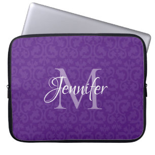 Housse Pour Ordinateur Portable Damassé de monogramme violet royal et blanc