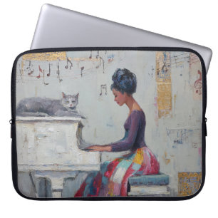 Housse Pour Ordinateur Portable Dame au piano scintillante chat violet gris