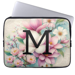 Housse Pour Ordinateur Portable Dentelle monogramme fleurs de magnolia rose violet